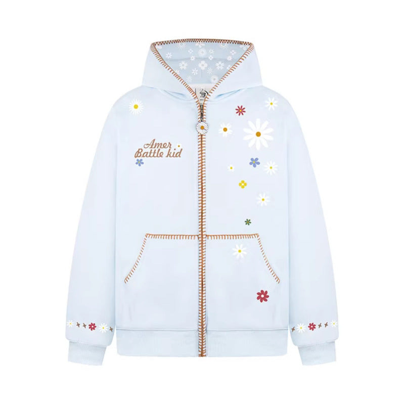 Floral Embroidery Hooded Sweatshirt Unisex Loose Casual Outerwear